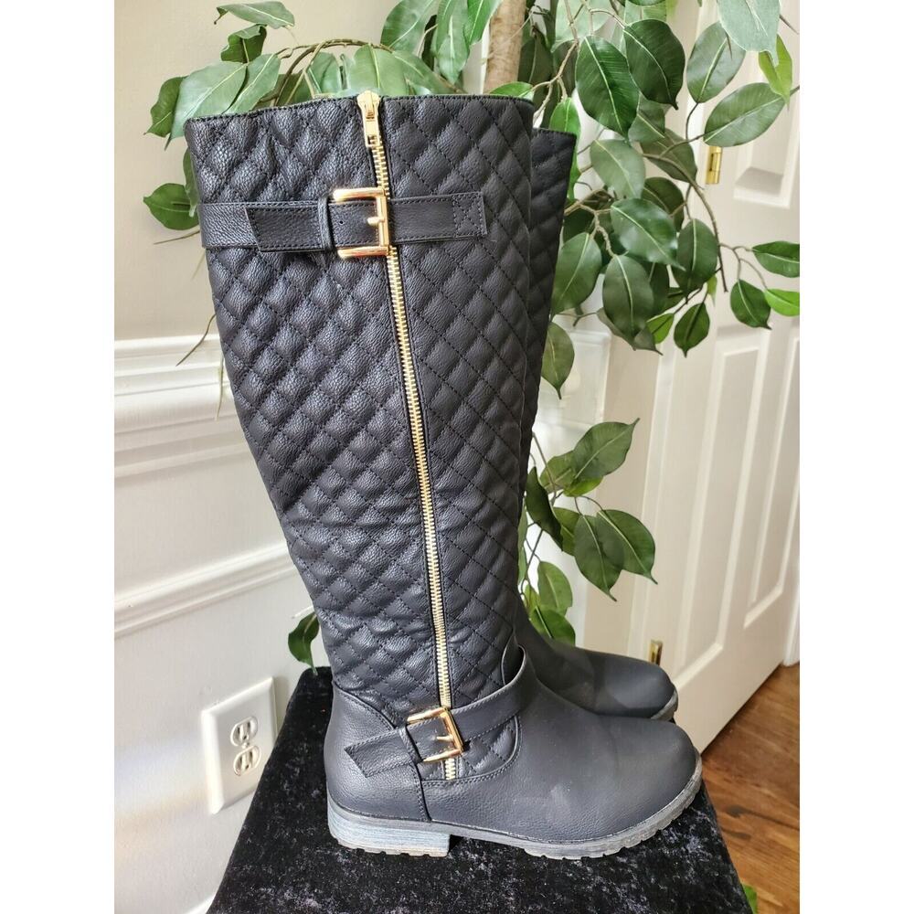 ShoeLand Women's Black Faux Leather Upper Round Toe Knee High Casual Boots 10